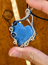 Load image into Gallery viewer, DUO TONED WIRE Blue owhyee opal with lapis lazuli + pyrite inclusions wire wrapped pendent
