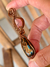 Load image into Gallery viewer, Rhodochrosite + labradorite double decker wire wrapped pendant necklace
