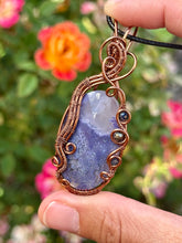 Load image into Gallery viewer, Artisan cab (adit stones) purple (dyed) Indonesian moss agate with sapphire + pyrite gem accent wide wrapped pendant necklace
