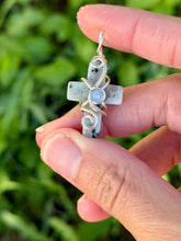 Load image into Gallery viewer, Kiwi jasper mini cross with aquamarine gem accent wire wrapped pendant necklace
