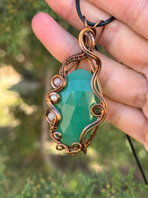 Load image into Gallery viewer, Faceted green onyx with moonstone + pearl gem accents wire wrapped pendant necklace
