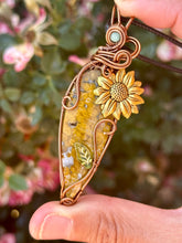 Load image into Gallery viewer, Reserved for Tanya r ARTISAN CAB (CAB BY POSITIVE ROCKS) Yellow Ocean Jasper with green aventurine inclusions sunflower charm Wire wrapped pendant
