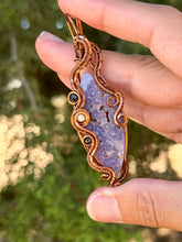 Load image into Gallery viewer, Artisan cab (positive rock) grape agate with sapphire + mother of pearl gem accents wire wrapped pendant necklace
