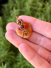 Load image into Gallery viewer, Bumblebee jasper mini heart with garnet gem accent wire wrapped pendant necklace
