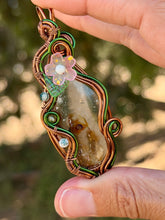 Load image into Gallery viewer, Artisan cab (johari gems) garden quartz with tree agate, peridot,  moonstone gem accents wire wrapped  pendant necklace
