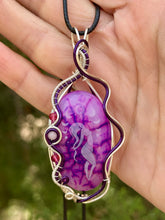Load image into Gallery viewer, Artisan cab (Marina rabinskaya) dragon vein pink (dyed) agate with raspberry jade + rose quartz gem accents wire wrapped pendant necklace
