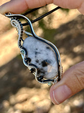 Load image into Gallery viewer, RESERVED FOR CASSANDRA H DUO TONED WIRE WHITE BUFFALO TURQUOISE with gem inclusions Wire wrapped pendent necklace

