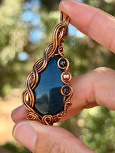 Load image into Gallery viewer, Blue tiger eye with sapphire + hematite gem accents wire wrapped pendant necklace
