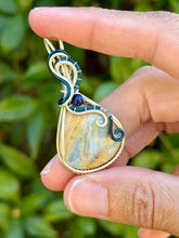 Load image into Gallery viewer, Blue scheelite with lapis lazuli gem accents wire wrapped pendant necklace
