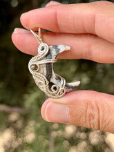 Load image into Gallery viewer, Artisan cab (positive rock) Zebra onyx crescent moon with pyrite gem accent wire wrapped pendant necklace
