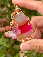 Load image into Gallery viewer, Pink agate with thulite  + mother of pearl gem accents with butterfly charm wire wrapped pendant necklace
