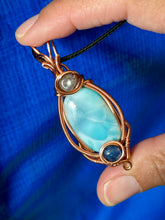 Load image into Gallery viewer, Larimar with blue kyanite + super 7 inclusions wire wrapped pendant necklace talisman
