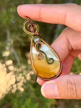 Load image into Gallery viewer, Artisan cab (positive rock) polychrome desert jasper with  green fluorite gem accents wire wrapped pendant necklace
