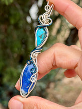 Load image into Gallery viewer, Kingman turquoise + lapis lazuli double decker wire wrapped pendant necklace
