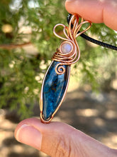Load image into Gallery viewer, Azurite with moonstone inclusion wire wrapped pendant talisman necklace
