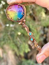 Load image into Gallery viewer, Rainbow solar quartz with turquoise inclusions key wire wrapped pendant
