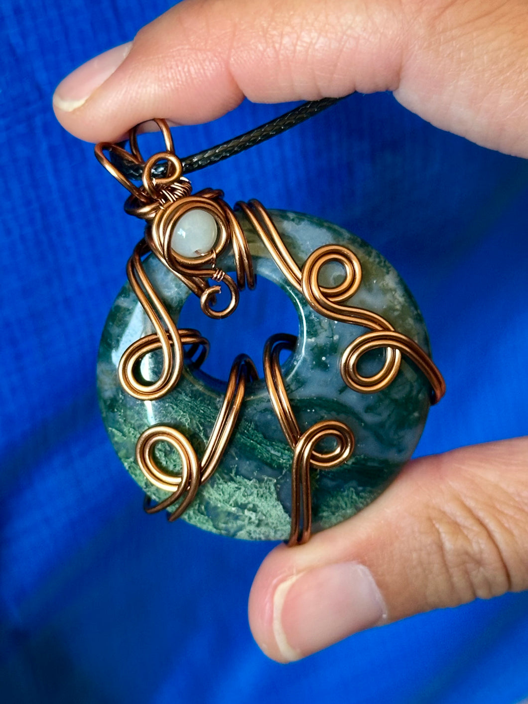 Moss agate with moonstone inclusion wire wrapped pendant talisman necklace