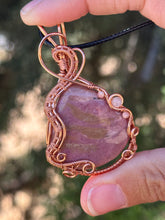 Load image into Gallery viewer, Rhodonite with rhodochrosite + rose quartz gem accent wire wrapped pendant necklace
