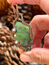 Load image into Gallery viewer, Artisan cab (positive rock) serpentine with sea sediment jasper + aquamarine gem accents wire wrapped pendant necklace

