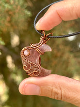 Load image into Gallery viewer, Strawberry quartz moon with rose quartz gem accents wire wrapped pendant necklace
