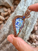 Load image into Gallery viewer, Artisan cab (johari gems) blue bird azurite with lapis lazuli gem accent wire wrapped pendant necklace
