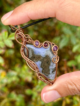 Load image into Gallery viewer, ARTISAN CAB (flintstone studio) Indonesian purple moss agate with amethyst + garnet inclusions wire wrapped pendant necklace
