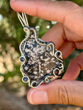 Load image into Gallery viewer, Artisan cab (johari gems) kammererite with sapphire + Angelite gem accent wire wrapped pendant necklace
