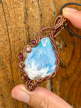Load image into Gallery viewer, ARTISAN cab (flintstone studio) Aurora Opal Plume Agate Doublet with Ruby + Rhodonite inclusions wire wrapped pendant talisman necklace
