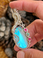 Load image into Gallery viewer, Angel aura quartz with pink agate + sea sediment jasper gem accents wire wrapped pendant necklace
