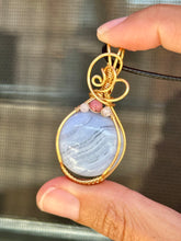 Load image into Gallery viewer, Blue lace agate with rose quartz + Rhodonite gem accents wire wrapped pendant talisman necklace
