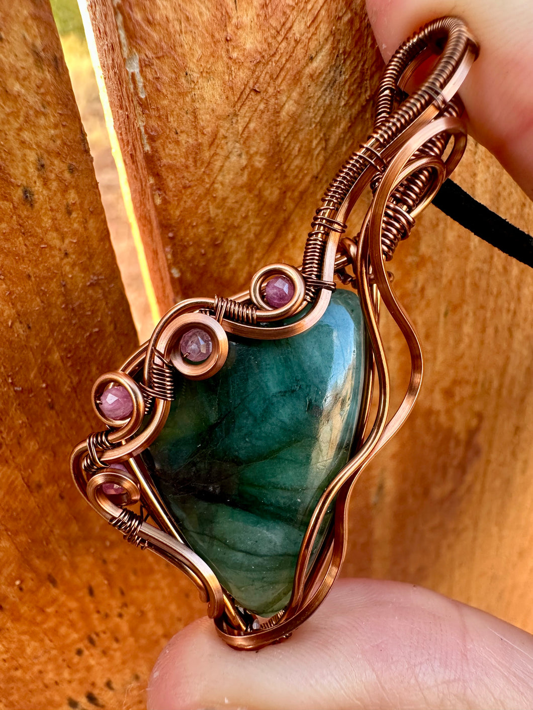 Reserved for Kristin e Emerald with Ruby Gem Inclusions Wire Wrapped Pendent Necklace