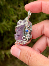 Load image into Gallery viewer, Amethyst stalactite with aquamarine + lapis lazuli gem accents wire wrapped pendant necklace
