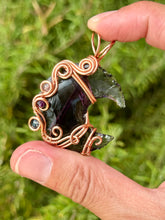 Load image into Gallery viewer, Purple opalite with amethyst +  strawberry quartz + smoked Ethiopian opal gem accents wire wrapped crescent moon pendant necklace
