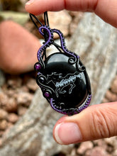 Load image into Gallery viewer, Artisan cab (Marina Rabinskaya) black onyx with amethyst + blue goldstone wire wrapped pendant necklace
