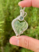 Load image into Gallery viewer, Prehnite with epidote with blue fluorite wire wrapped pendant necklace
