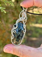 Load image into Gallery viewer, Crinoid fossil with black tourmaline gem accent wire wrapped pendant necklace
