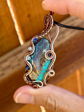 Load image into Gallery viewer, RESERVED FOR CHERI F DUO TONED WIRE Chrysocolla/Shattuckite with lapis lazuli + aquamarine inclusions wire wrapped pendent
