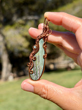 Load image into Gallery viewer, Artisan cab (positive rocks) Indian agate with blue kyanite gem accent wire wrapped pendant necklace
