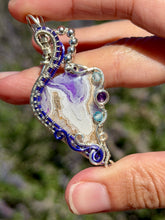 Load image into Gallery viewer, Artisan cab (positive rock) purple aurora opal plume agate doublet with amethyst, blue topaz  gem accents wire wrapped pendant necklace
