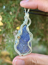 Load image into Gallery viewer, ARTISAN CAB (adit stones) Purple (dyed) Indonesian moss agate with Angelite + phosphosiderite gem accents wire wrapped pendant necklace
