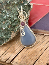 Load image into Gallery viewer, Angelite + purple fluoride gem accent  wire wrapped pendant necklace

