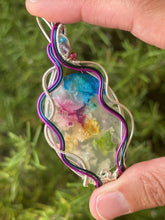 Load image into Gallery viewer, Artisan cab (adit stones) Rainbow Plume Agate with blue apatite, amethyst, raspberry jade gem accents wire wrapped pendant necklace
