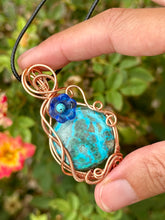 Load image into Gallery viewer, Malachite / Chrysocolla with turquoise gem inclusions wire wrapped pendant necklace
