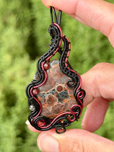 Load image into Gallery viewer, Artisan cab (johari gems) peanut obsidian with rutile quartz + garnet gem accents wire wrapped pendant necklace
