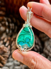 Load image into Gallery viewer, Malachite/chrysocolla with chrysoprase gem accent wire wrapped pendant necklace
