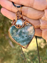 Load image into Gallery viewer, Moss agate with larimar gem accent wire wrapped pendant necklace
