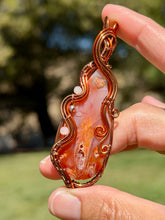 Load image into Gallery viewer, Artisan cab (positive rocks) carnelian druzy with rose quartz + hematite gem accents wire wrapped pendant necklace
