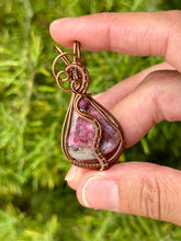 Load image into Gallery viewer, Pink cobalt calcite + ruby gem accent wire wrapped pendant necklace
