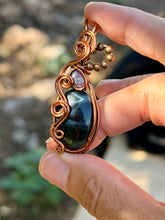 Load image into Gallery viewer, Blue Tiger eye with charoite  gem accents wire wrapped pendant necklace
