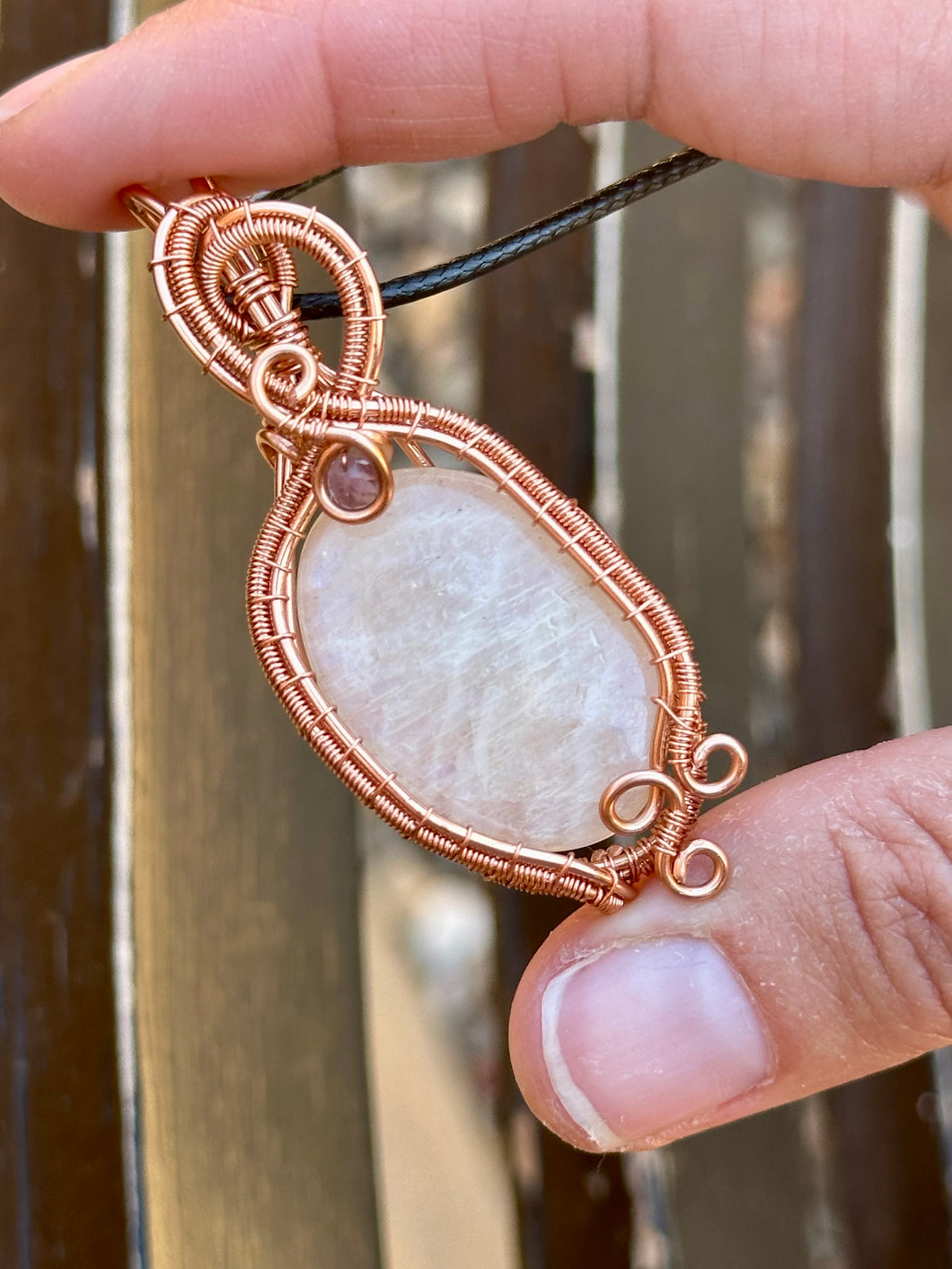 Moonstone with amethyst inclusion Wire wrapped pendant